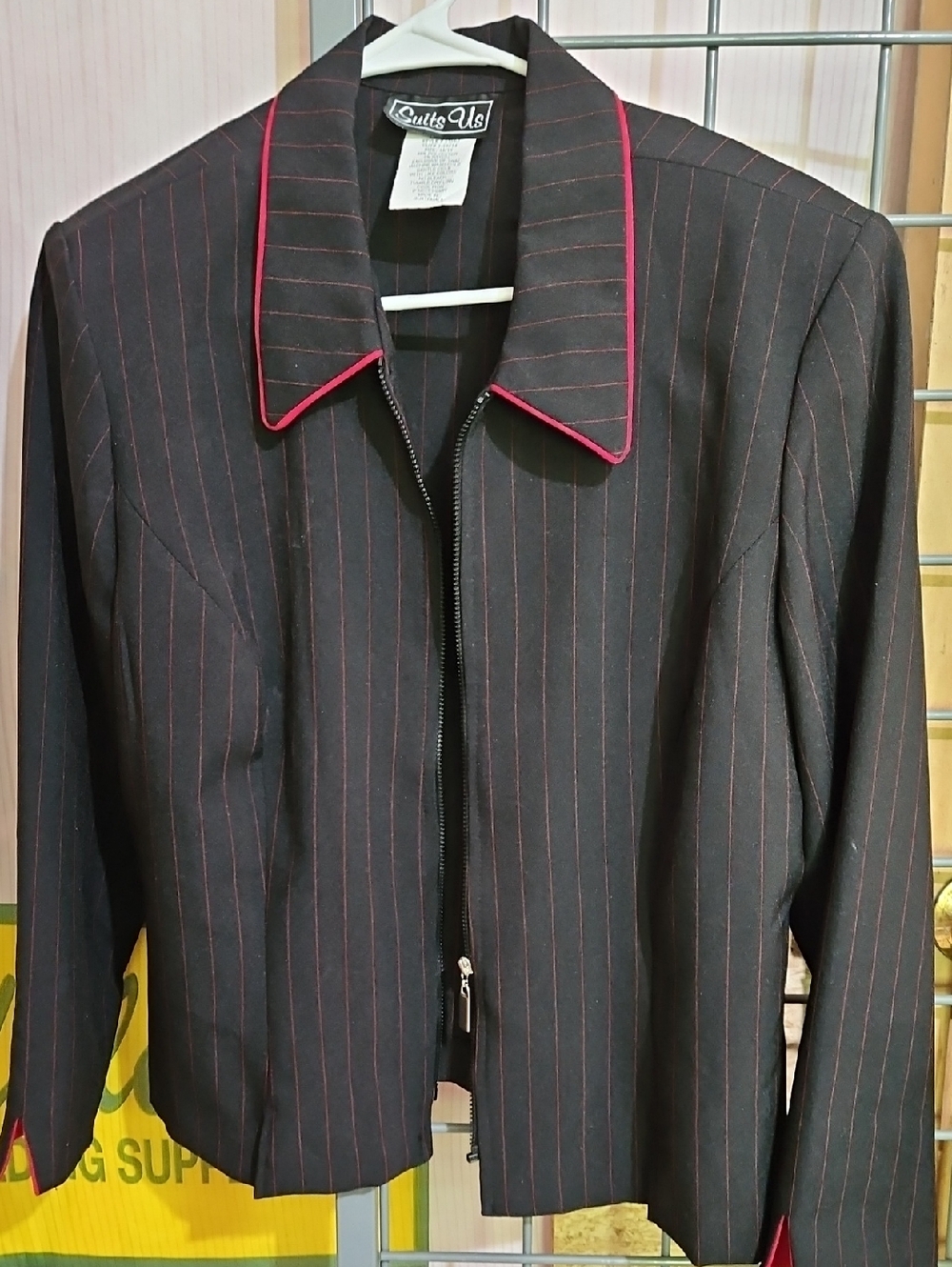 Black Pinstripe Zip Jacket with Pink Piping